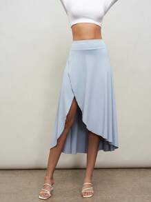 Activina Women Light Blue Casual Minimalist Solid Color Split Hem Dance Sportive Longuette Ballet Skirt - Blue - View 1