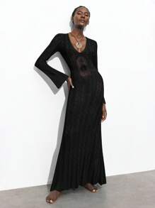 Maija 镂空钩针针织连衣裙，优雅性感，适合度假，适合日常休闲、派对、婚礼宾客，波西米亚风格，适合夏秋季女士 - 黑色 - 查看 4