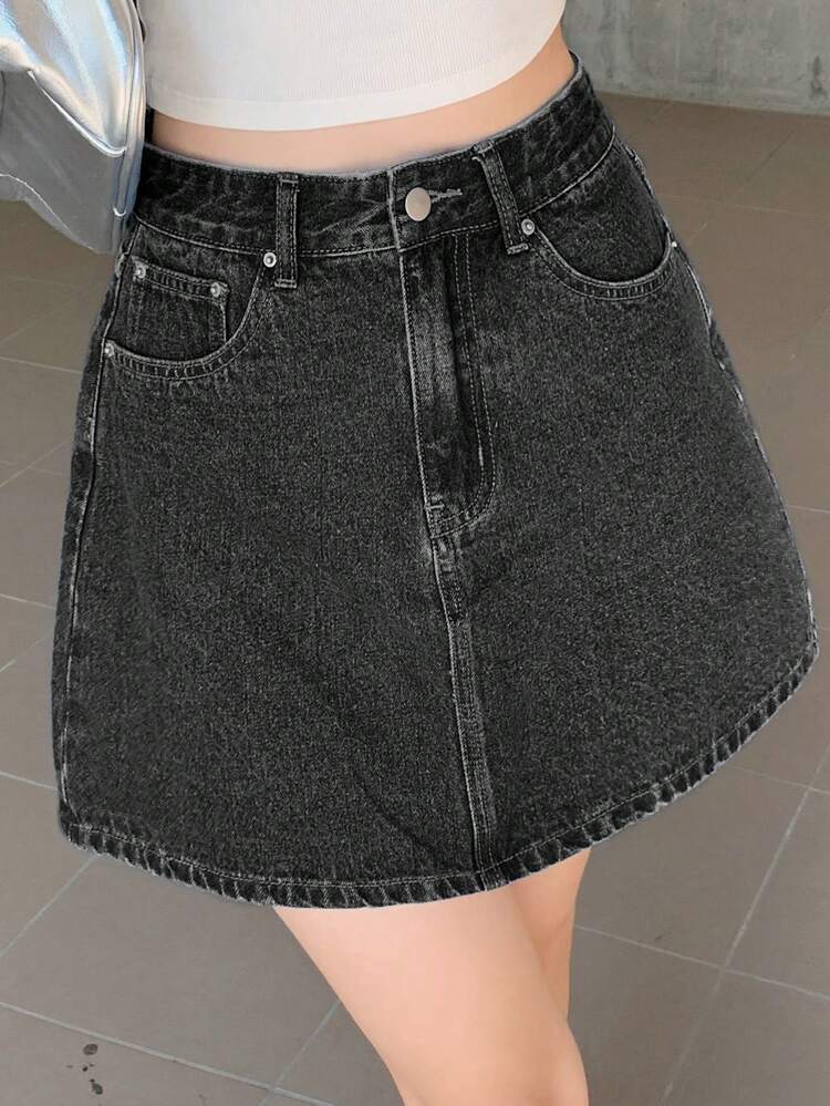 Women's Solid Color Casual Denim Skirt With Pockets Jeans Skirt