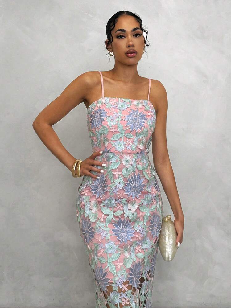SHEIN Unity Floral Print Guipure Lace Overlay Cami Dress | SHEIN USA