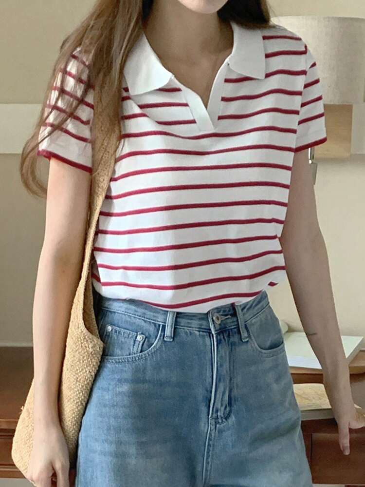 Women's Collared Striped Pullover Short Sleeve Sweater