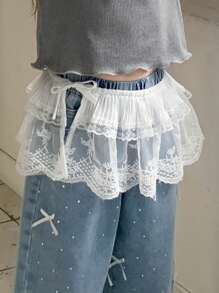 Hapijoa 年轻女孩蕾丝网裙，白色，夏季多层系腰荷叶边迷你裙，适合年轻女孩，秋季服装 - 白色 - 查看 3