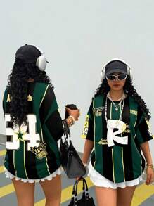 Rovax Áo thun kẻ sọc Colorblock thường ngày cỡ lớn dành cho nữ, mùa hè - Nhiều màu - Xem 1