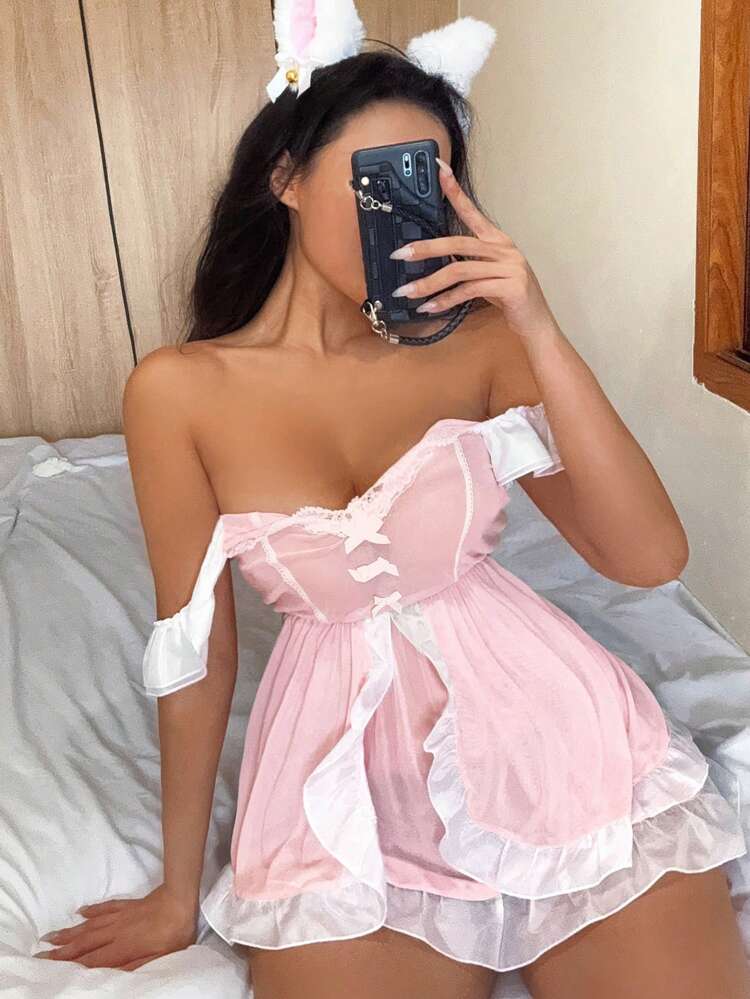 Sexy Sheer Mesh Contrast Ruffle Hem Nightgown Headband Animal Ear Set Thong Lingerie Costume For Women