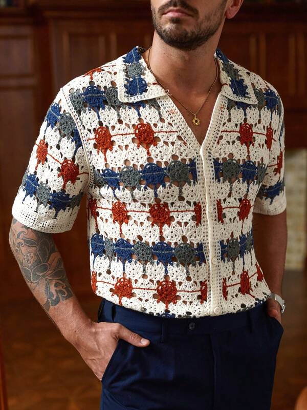 Manfinity CityGents Men's Loose Fit Vacation Style Allover Pattern Hollow-Out Knitted Top, Summer Crochet Men Shirt Men S Retro Shirts Men's Old Money, Crochet Men Shirt, Fourth Of July Shirt, Red White And Blue Men Shirt, Patriotic Shirt, Floral Crochet, Rave