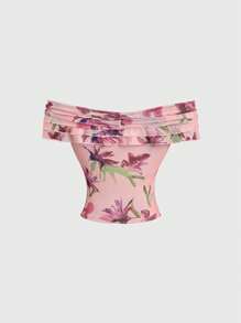 SHEIN Sweetro Áo crop top in hoa cổ chữ V hở vai gợi cảm phong cách mới cho nữ, dáng ôm bó sát, tôn dáng - Hồng - Xem 2