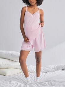 BloomMama 孕妇蕾丝睡衣套装两件装，家居服时尚睡衣 - 粉色 - 查看 5