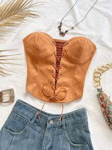 Soleia Bohemian Leather Camisole Top With Tie, Suede Panel, For Beach Vacation - Brown - View 7