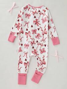 婴幼儿女孩粉色蝴蝶结印花长袖拉链前开襟连体无脚连体衣家居服，舒适贴身