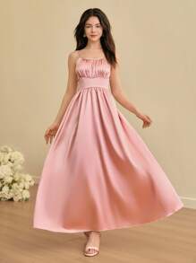 SHEIN 青少年无袖圆领收腰 A 字裙，婚礼花童/伴娘派对礼服 - 粉色 - 查看 1