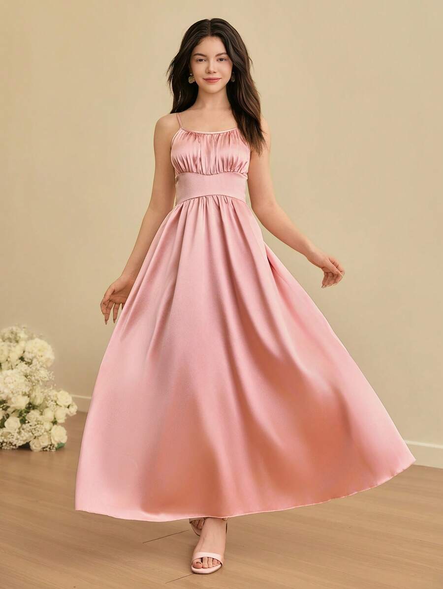 SHEIN 青少年无袖圆领收腰 A 字裙，婚礼花童/伴娘派对礼服 - 粉色 - 查看 1