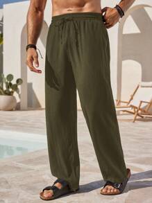 Manfinity RSRT 男士纯色休闲日常裤 - 軍綠色 - 查看 4