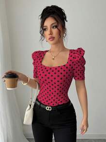 Elenzga 女士时尚优雅性感休闲短袖 T 恤上衣，尖肩水钻领，泡泡袖，褶皱，白色/黑色波尔卡圆点印花，修身，适合度假穿着，春夏季 - 彩色 - 查看 4