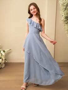 SHEIN Tween Girls Bridesmaid Shoulder Ruffle Asymmetrical Hem Maxi Dress, For Wedding, Prom, Birthday Party - Blue - View 6