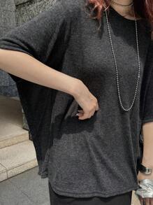 FRIFUL Camiseta de manga murciélago de corte holgado, cuello redondo, ropa de verano para mujer - Negro - Ver 2