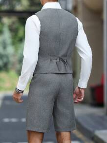 Calvornis 男士 V 领无袖纽扣背心和修身短裤套装 - 灰色 - 查看 2