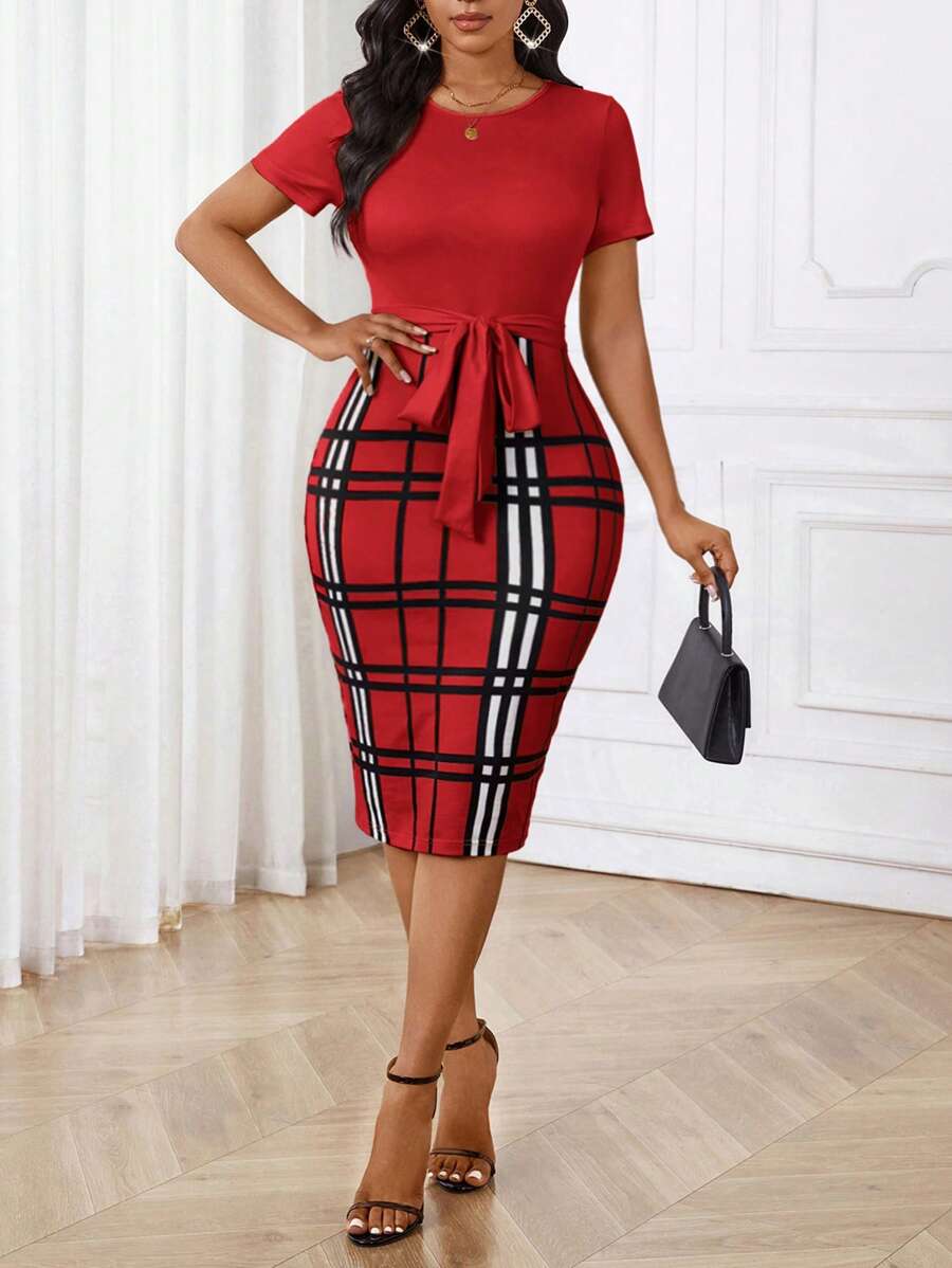 SHEIN Lady Đầm nữ cổ sơ mi đen in họa tiết thiết kế khóa kéo ôm vừa vặn - Đỏ - Xem 1