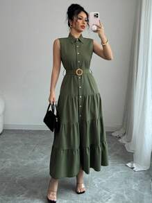 SHEIN PETITE Robe d'été décontractée pour femmes, couleur unie, sans manches, avec boutons - Militaire verte - Voir 8