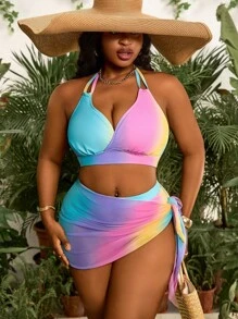 Slaydiva Plus Size Women's 3 PiecesGradient Color Printed Strappy Mesh Skirt Beach Resort Sexy Bikini Set For Summer Beach Vacation - Multicolor - View 5
