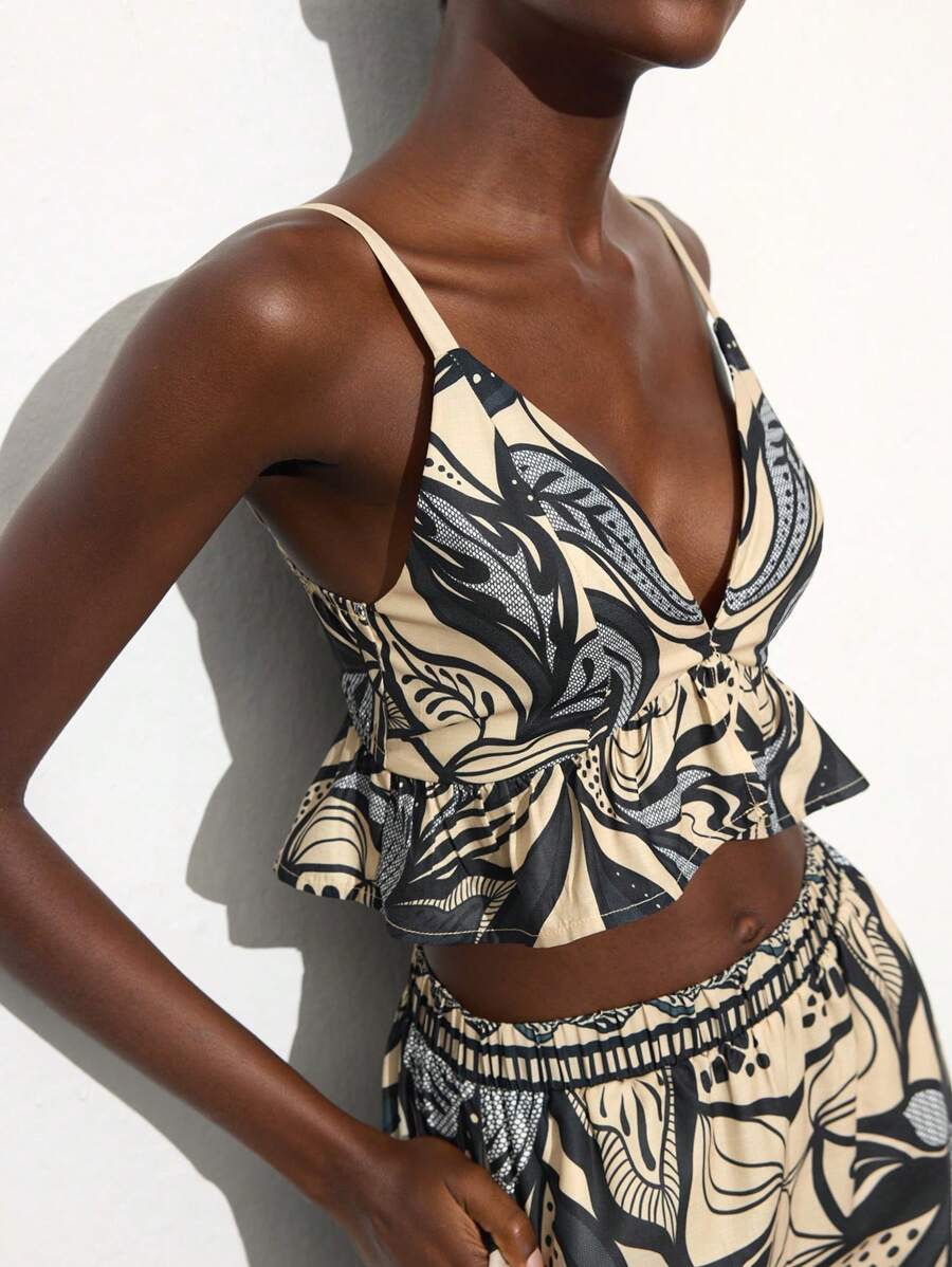 Maija 女士夏季V领可调节吊带印花荷叶边宽松休闲露脐吊带背心,杏色和黑色,海滩度假风夏威夷女士沙滩西部风外出上衣 - 黑色 - 查看 1