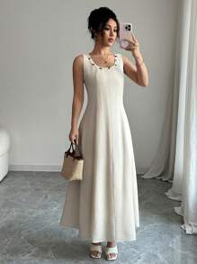 Gloray Damen Leinenkleid mit rundem Ausschnitt und ärmellos für den Berufsalltag