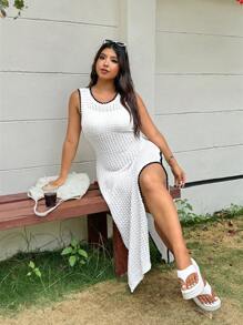 SHEIN EZwear Plus Size Color Block Round Neck Sleeveless Split Dress - White - View 4