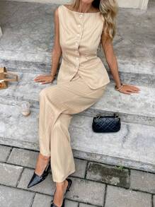 SHEIN Frenchy Bộ vest sọc đơn hàng khuy và quần âu thường ngày cho nữ - Màu be - Xem 3