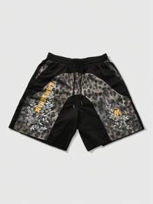 ROMWE MEN Street Life Men's Streetwear Mix-Matched Leopard Print Shorts - Black - View 5