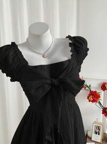 Sweetra 甜美女性蝴蝶袖口短袖雪纺衬衫，适合夏季穿着 - 黑色 - 查看 4