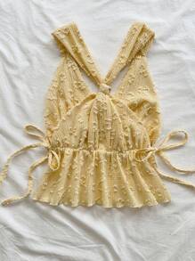 Soleia Women V-Neck Backless Ruffle Hem A-Line Fitted Camisole Top, Textured Fabric, Suitable For Party, Date, Afternoon Tea, Beach, Summer - Yellow - View 2