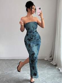 Rafferiza Women's Elegant Mesh Floral Print Strapless Bandeau Bodycon Long Dress