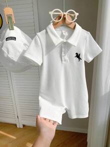 SHEIN Set de 2 piezas para bebé recién nacido niño/niña con trajecito de una pieza de manga corta con cuello y sombrero tipo sol con estampado retro de caballos, cómodo para interior, exterior, uso diario, deportes, juego, fiesta, sesión de fotos, vacaciones, primavera/verano