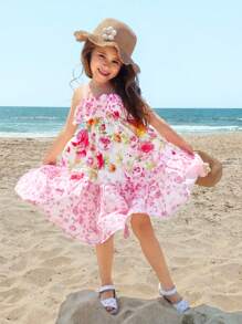 SHEIN Young Girl Loose Casual Simple Comfortable Suspender Ruffle Sweet Cute Dress - Pink - View 1