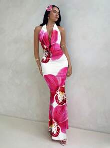 Aloruh 女士优雅兰花印花低胸连衣裙，适合夏季、海滩、节日、派对