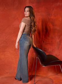 SHEIN x Lina SHEIN ICON Pantalones de mezclilla casuales y sencillos de unicolor para mujer - Lavado ligero - Ver 2