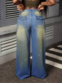 Slaydiva 女式撞色破口袋阔腿休闲牛仔裤
