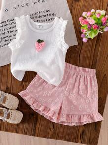 Conjunto de 2 piezas de top de tirantes con volantes de punto jacquard blanco y shorts con volantes rosas para niñas pequeñas, un look lindo y angelical para el verano - Rosa - Ver 1