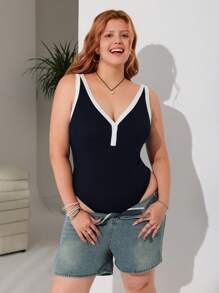 SHEIN EZwear Retro Contrast Color Knitted Plus Size Bodysuit - Navy Blue - View 1