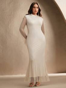 Anewsta 女士奢华全水钻长袖连衣裙，优雅迷人 - 杏色 - 查看 3