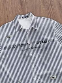 Aesthetic Post--Street Casual Distressed Numeral Slogan Striped Print Boxy Cropped Shirt Men's Cropped Tops, Men Cropped Graphic Shirt, Striped Cropped Shirt - Multicolor - View 4