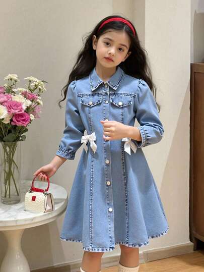 Vestido de manga 3/4 con lazo decorativo delantero, de estilo vintage casual urbano y preppy, para niñas preadolescentes