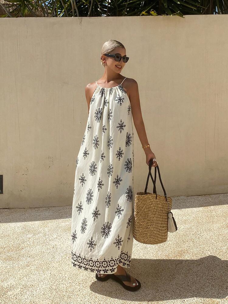 Women's Floral Print Halter Tie Dress, Vacation Style, Summer Dress Sundress Boho