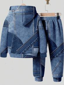 Manfinity VCAY Men's Autumn Letter & Denim Effect Hooded Sweatshirt And Sweatpants 2 Pieces Set, For Fall Winter - Blue - View 2