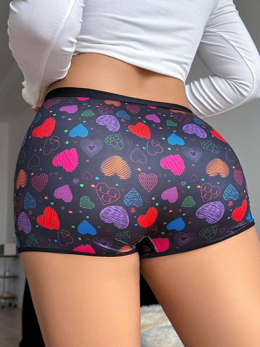 Comfy Soft Dailywear Y2K Music Festival Party Heart Print Plus Size Boyshort Briefs, Black - Black - View 1