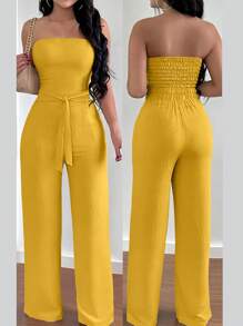 INAWLY Trägerloser rückenfreier Jumpsuit mit Gürtel-Deko, Lässig Urlaub - Gelb - Übersicht 1