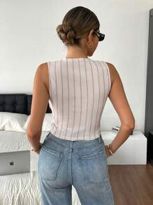 SHEIN Frenchy 撞色竖条纹无袖开衩单排扣上衣，夏季休闲款 - 杏色 - 查看 2