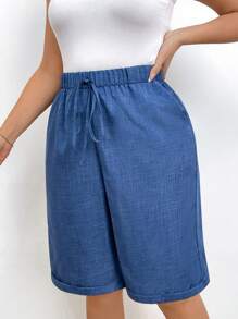 Linhara 大码女式纯色腰带口袋休闲短裤 - 藍色 - 查看 4