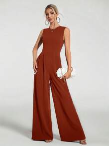 SHEIN Tall 休闲优雅无袖阔腿黑色连体裤 - 鏽棕色 - 查看 4
