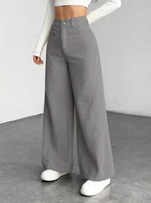 SHEIN PETITE Casual Versatile Solid Color High Waist Wide Leg Pants Business Casual Woman,Cargo Pants - Grey - View 6