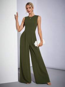 SHEIN Tall 休闲优雅无袖阔腿黑色连体裤 - 軍綠色 - 查看 7